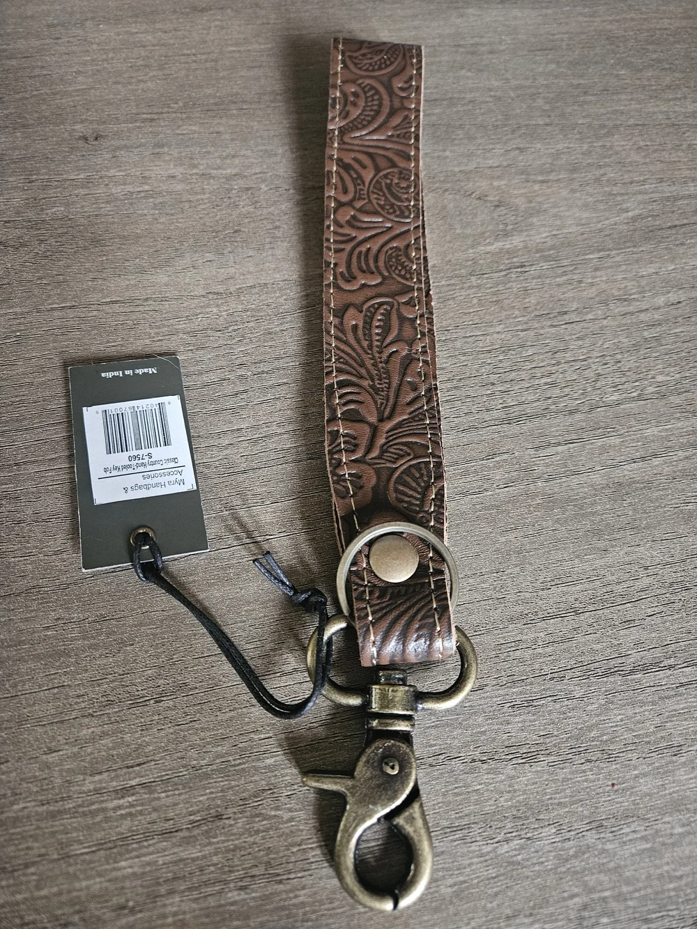 Myra Bag-Brown Tooled Leather Key Fob Wristlet with Antique Brass Clip-NWT